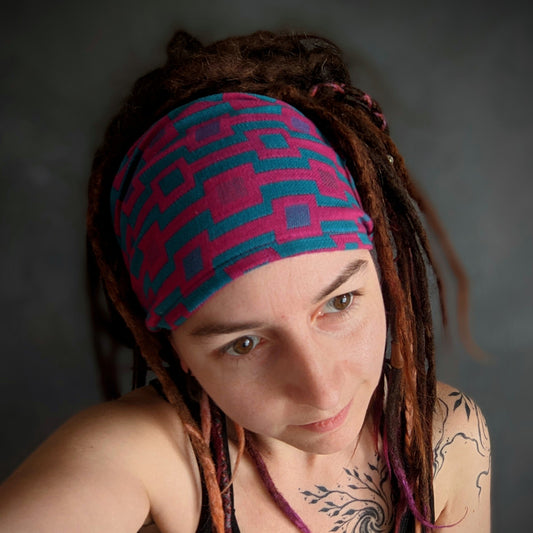 Šátková čelenka petrolejové čtverečky
